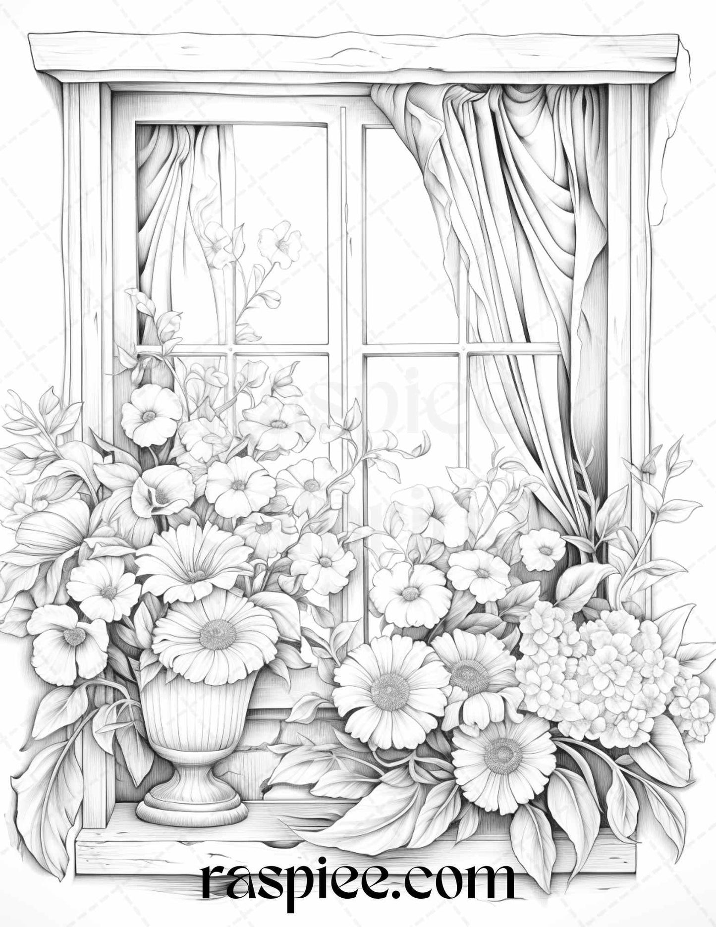 50 Blooming Windows Grayscale Coloring Pages Printable for Adults, PDF File Instant Download