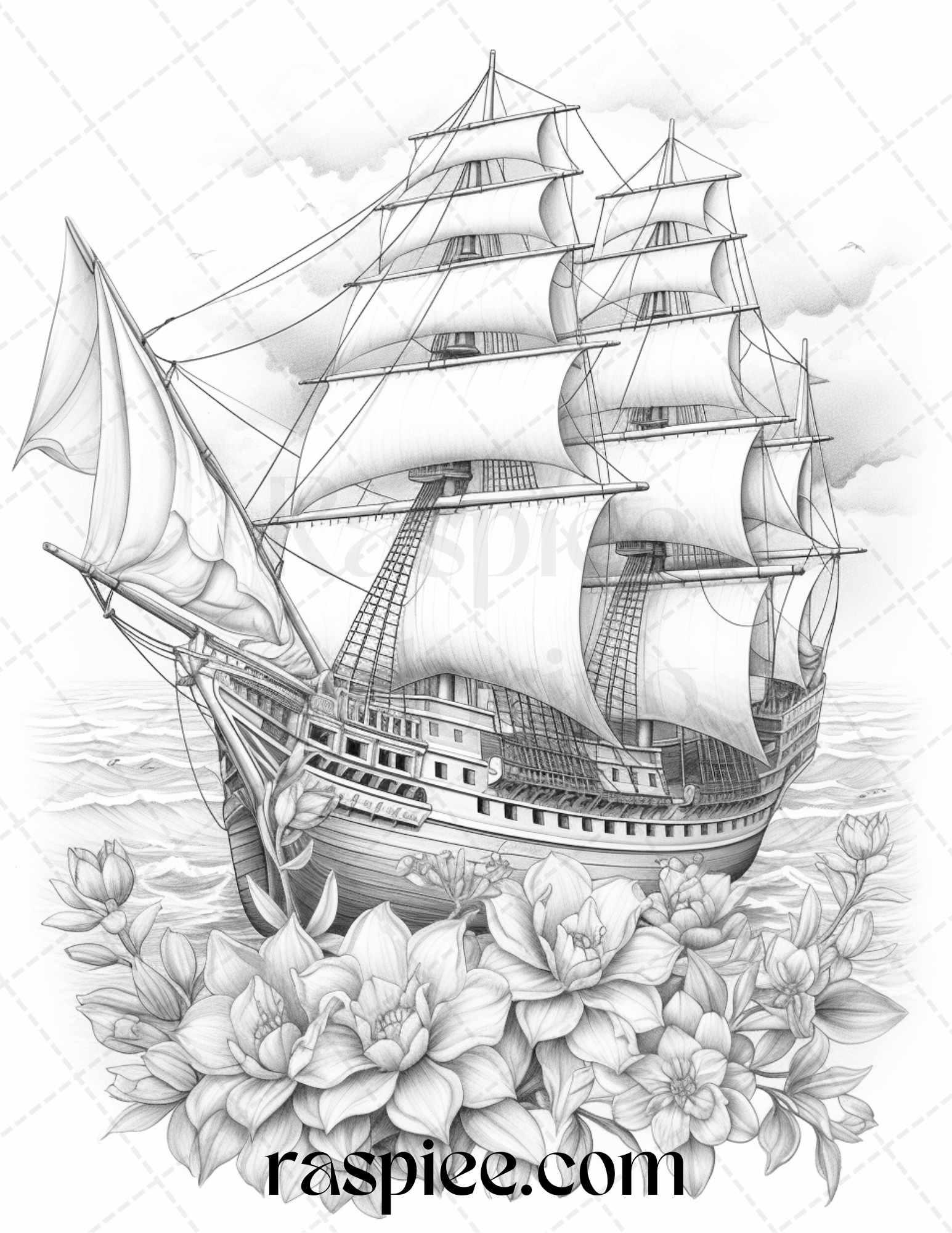 44 Flower Ships Graysale Coloring Pages Printable for Adults, PDF File Instant Download