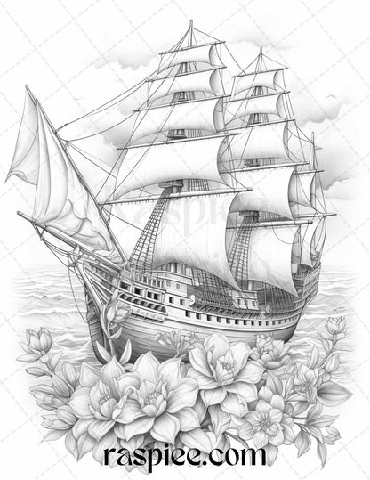 44 Flower Ships Graysale Coloring Pages Printable for Adults, PDF File Instant Download