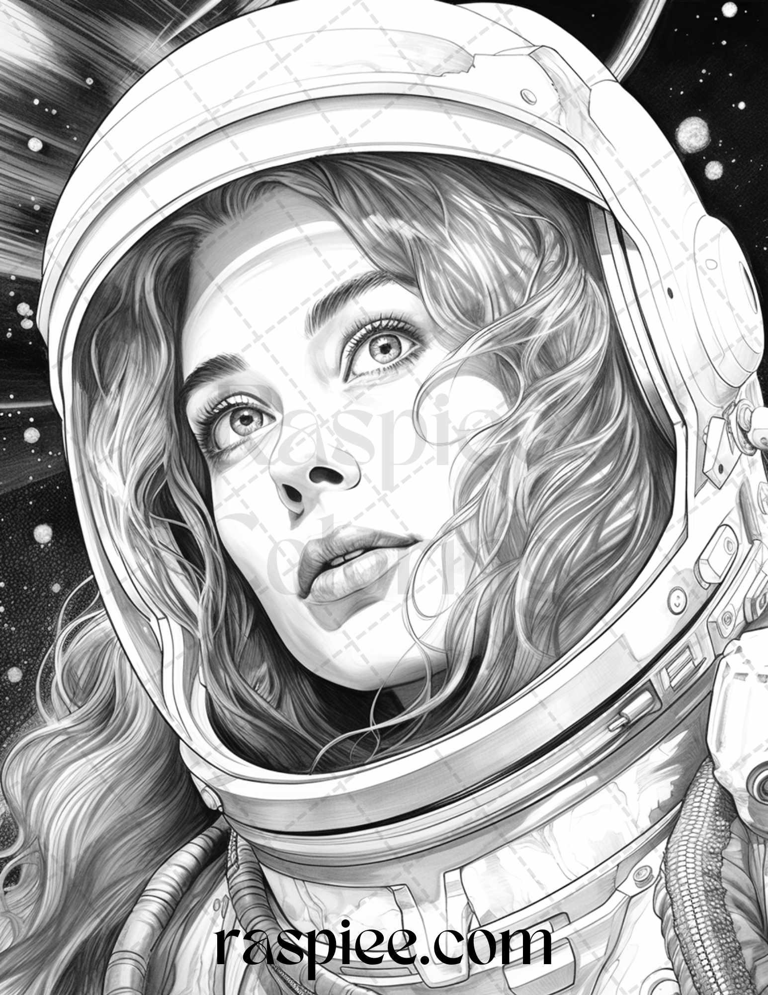 50 Astronaut Girl Portrait Grayscale Coloring Pages Printable for Adults, PDF File Instant Download