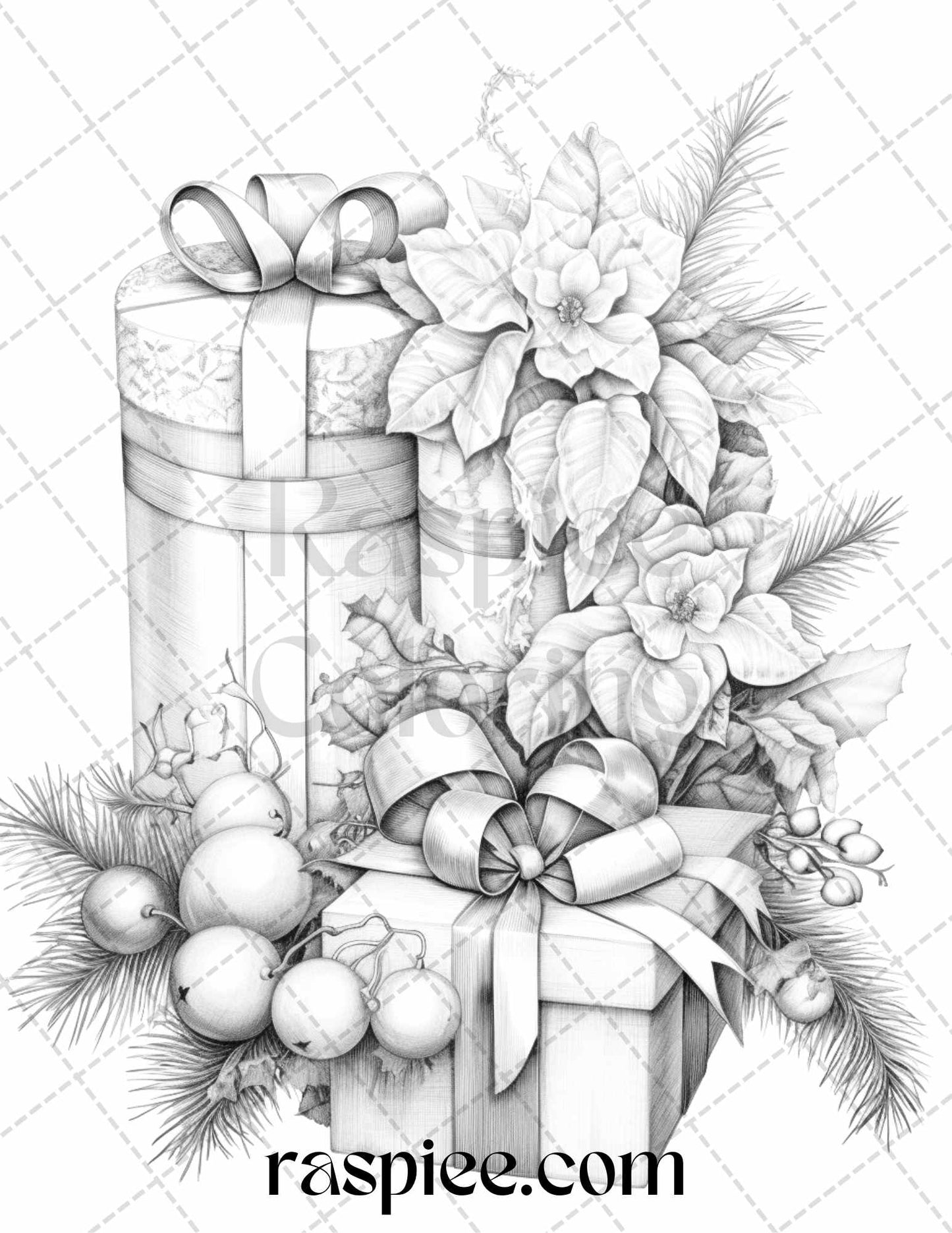 45 Christmas Flowers Grayscale Coloring Pages Printable for Adults, PDF File Instant Download