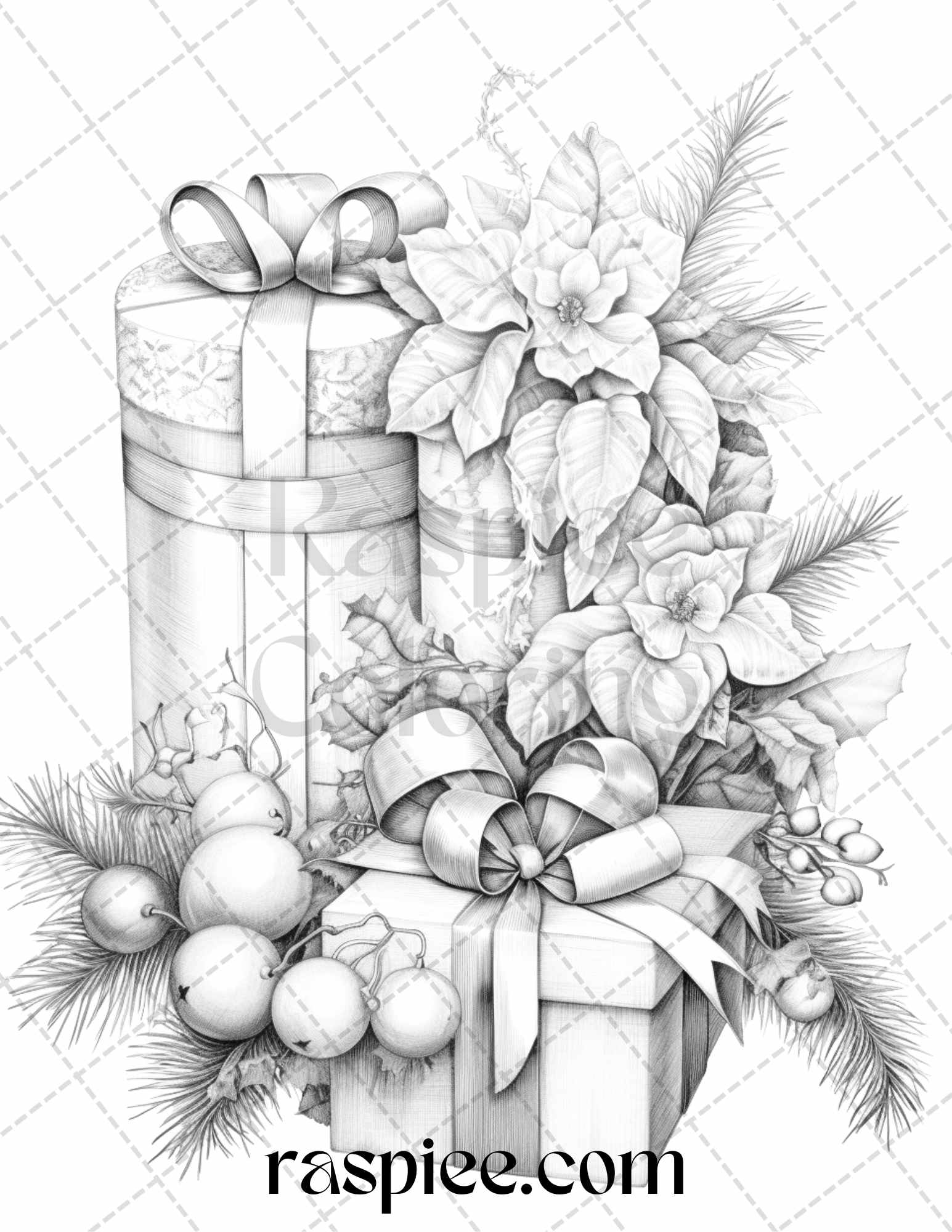 45 Christmas Flowers Grayscale Coloring Pages Printable for Adults, PDF File Instant Download