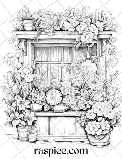 45 Flower Store Front Grayscale Coloring Pages Printable for Adults, PDF File Instant Download