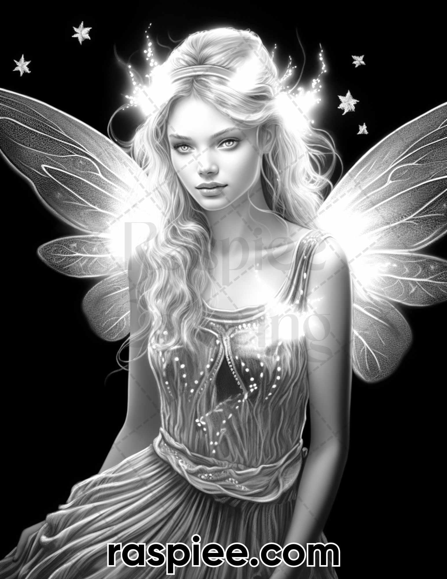 50 Starlight Fairy Grayscale Coloring Pages for Adults, Printable PDF File Instant Download