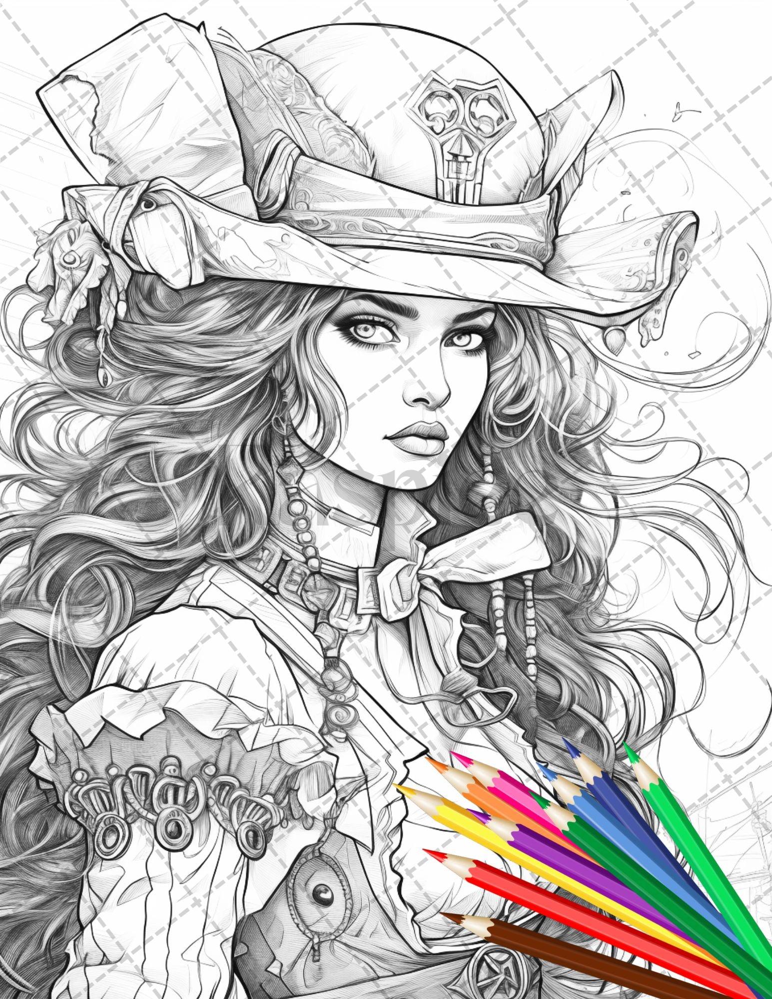 48 Beautiful Pirate Princess Coloring Book Printable for Adults, Grayscale Coloring Page, PDF File Instant Download