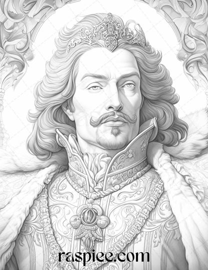 50 Baroque Man Portrait Grayscale Graysale Coloring Pages Printable for Adults, PDF File Instant Download