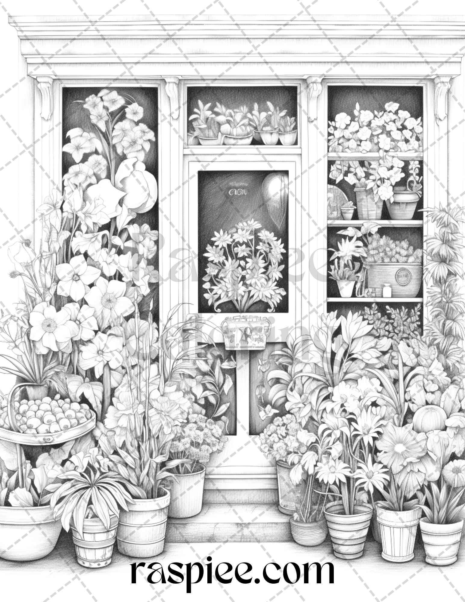 45 Flower Store Front Grayscale Coloring Pages Printable for Adults, PDF File Instant Download