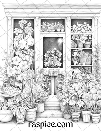 45 Flower Store Front Grayscale Coloring Pages Printable for Adults, PDF File Instant Download