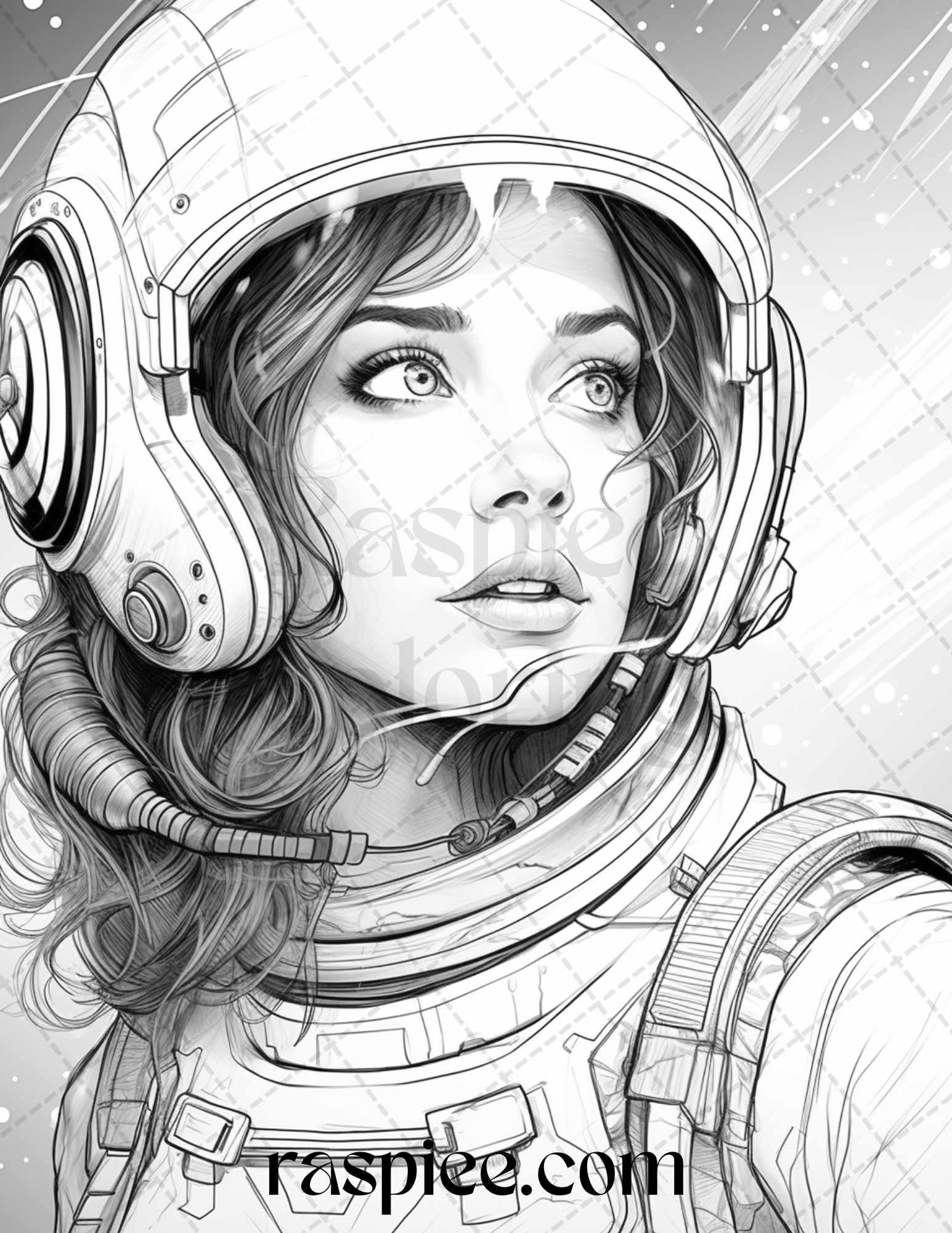 50 Astronaut Girl Portrait Grayscale Coloring Pages Printable for Adults, PDF File Instant Download