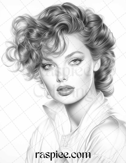 1980s Retro Beautiful Women Grayscale Coloring Pages for Adults, PDF File Instant Download