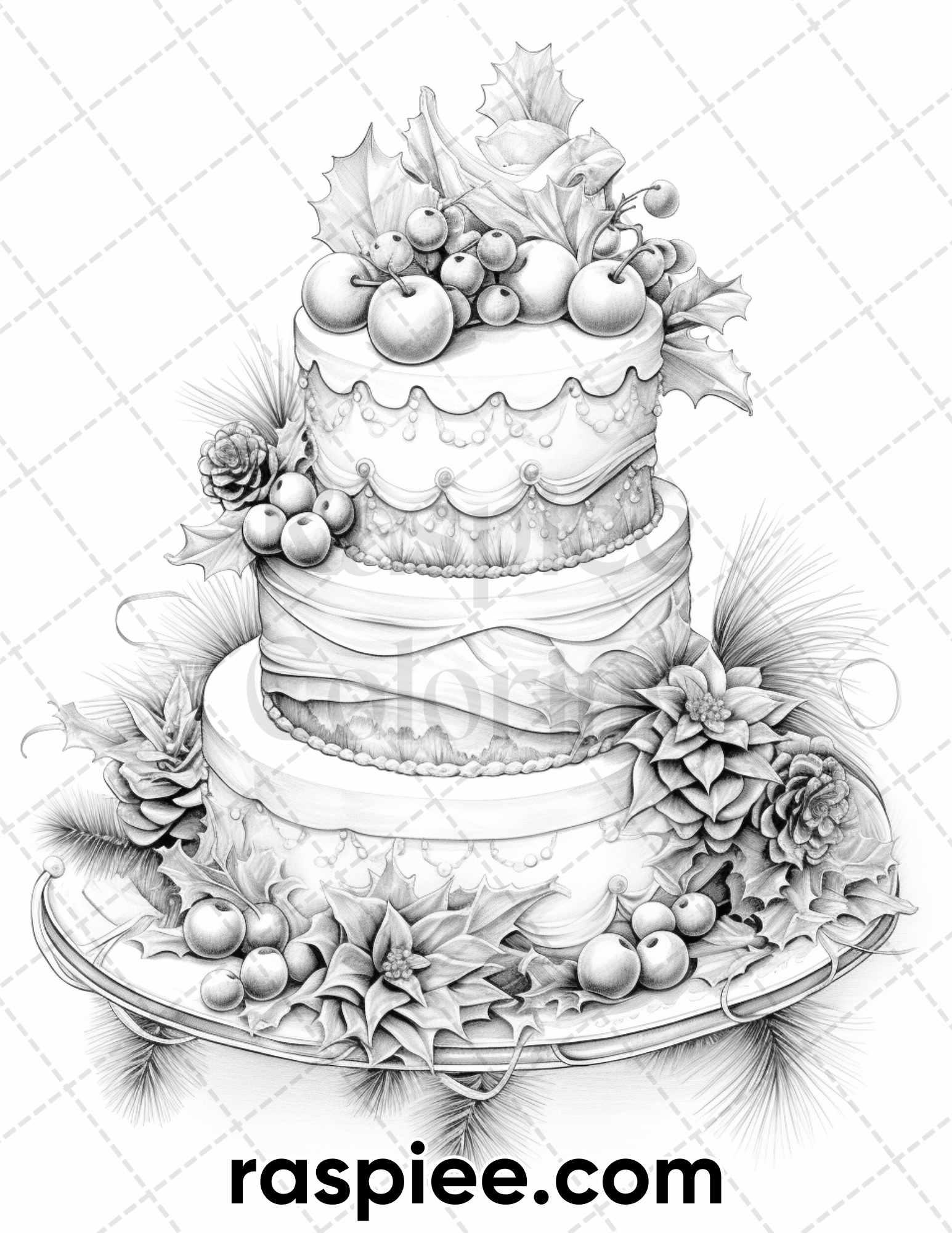 45 Christmas Cakes Grayscale Coloring Pages for Adults, Printable PDF File Instant Download