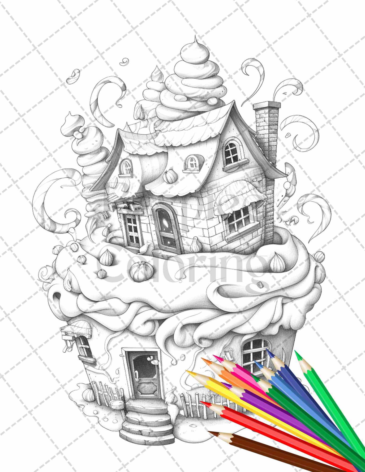 50 Adorable Cake Houses Grayscale Coloring Pages Printable for Adults and Kids, PDF File Instant Download