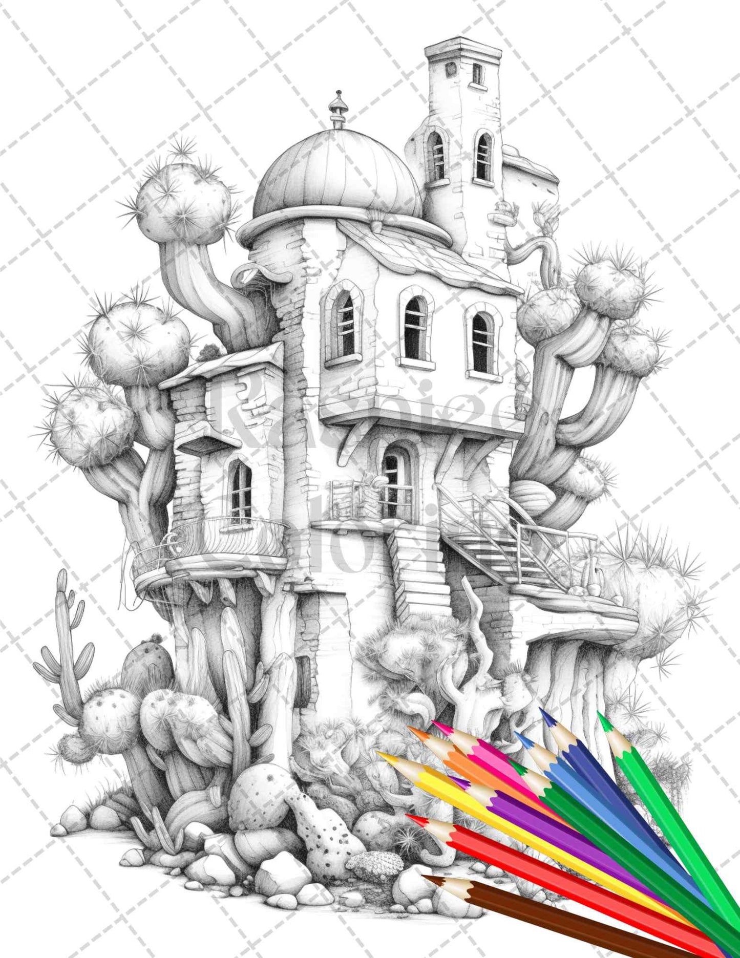 46 Fantasy Cactus Houses Grayscale Coloring Pages Printable for Adults, PDF File Instant Download