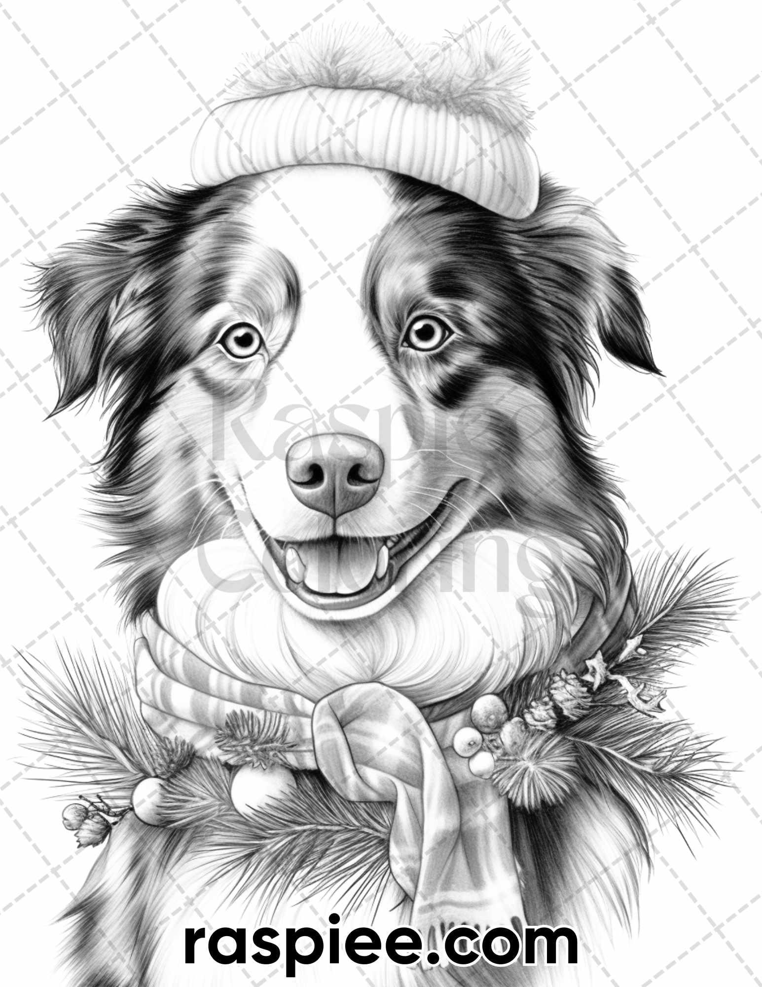 45 Christmas Dogs Grayscale Coloring Pages for Adults, Printable PDF Instant Download