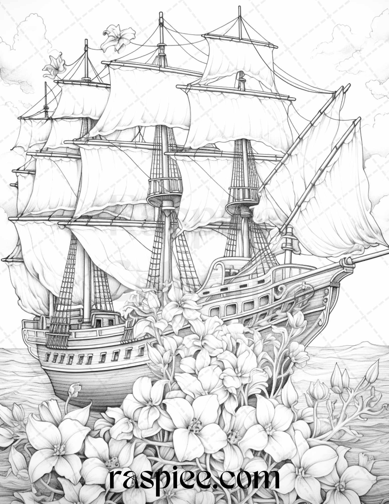 44 Flower Ships Graysale Coloring Pages Printable for Adults, PDF File Instant Download