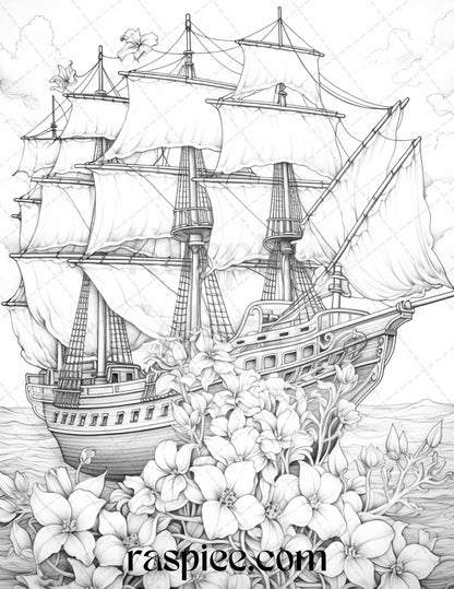 44 Flower Ships Graysale Coloring Pages Printable for Adults, PDF File Instant Download