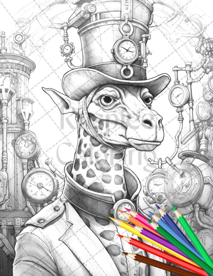 45 Steampunk Animals Grayscale Coloring Pages Printable for Adults Vol. 2, PDF File Instant Download