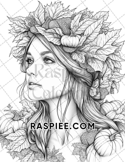 Autumn Beauties Portrait Adult Coloring Pages Printable PDF Instant Download