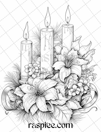 45 Christmas Flowers Grayscale Coloring Pages Printable for Adults, PDF File Instant Download