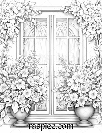 50 Blooming Windows Grayscale Coloring Pages Printable for Adults, PDF File Instant Download