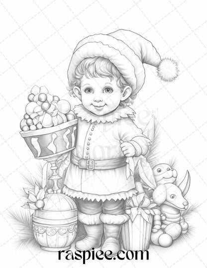 110 Christmas Elves Grayscale Coloring Pages Printable for Adults Kids, PDF File Instant Download