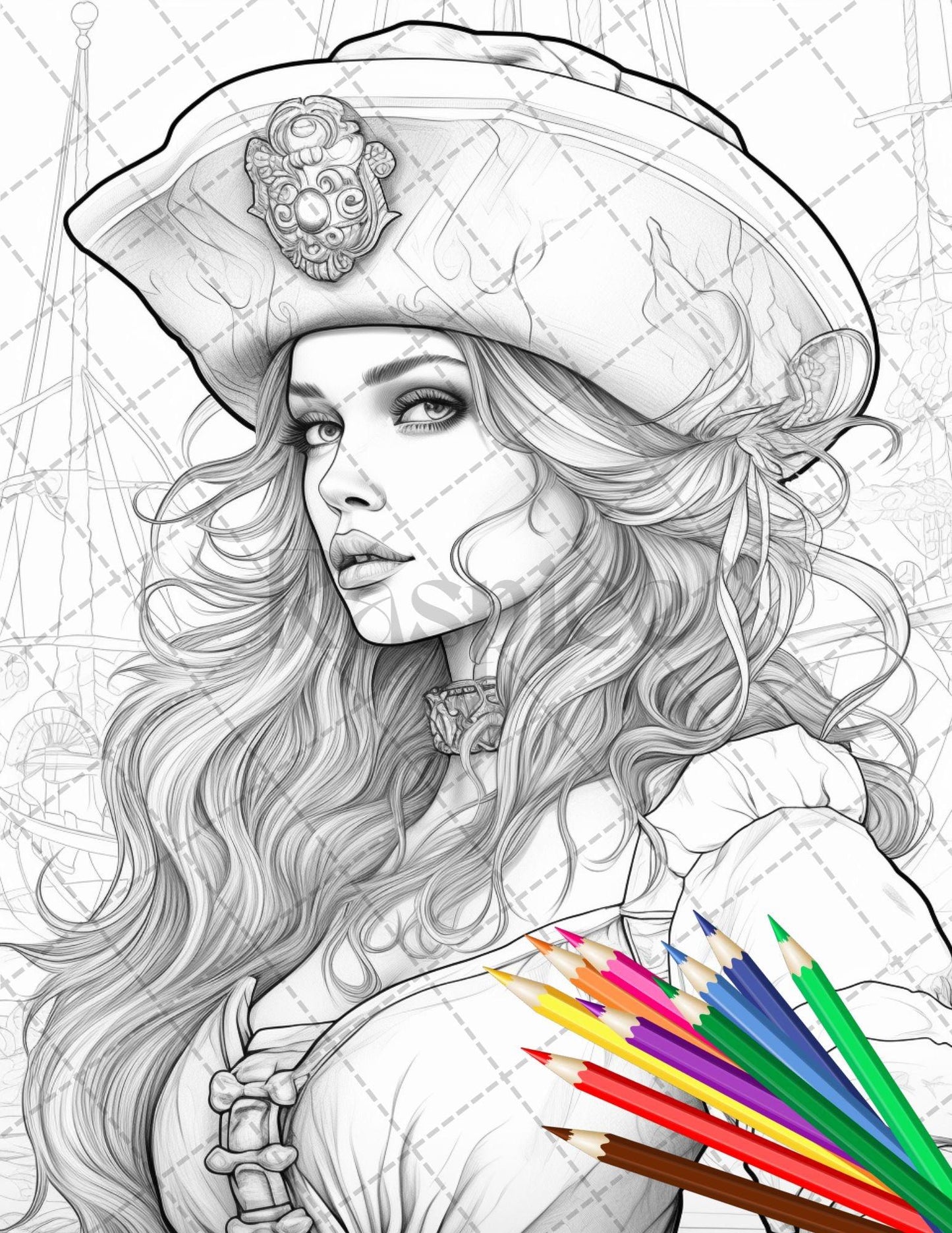 48 Beautiful Pirate Princess Coloring Book Printable for Adults, Grayscale Coloring Page, PDF File Instant Download