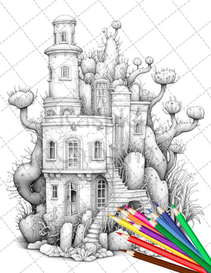 46 Fantasy Cactus Houses Grayscale Coloring Pages Printable for Adults, PDF File Instant Download