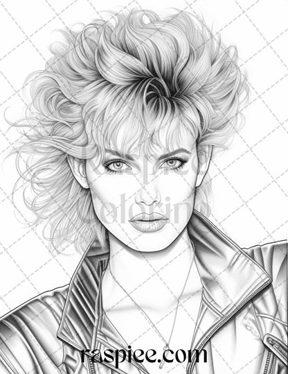 1980s New Wave Pop Star Grayscale Coloring Pages Printable for Adults, PDF File Instant Download