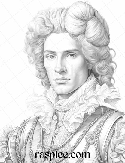 50 Baroque Man Portrait Grayscale Graysale Coloring Pages Printable for Adults, PDF File Instant Download