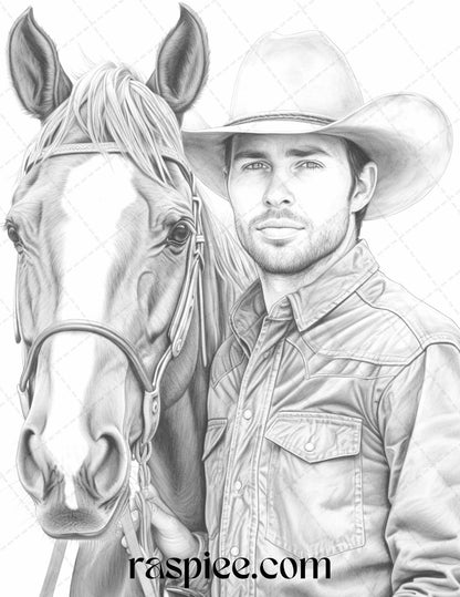 45 Wild West Cowboys Grayscale Coloring Pages Printable for Adults, PDF File Instant Download