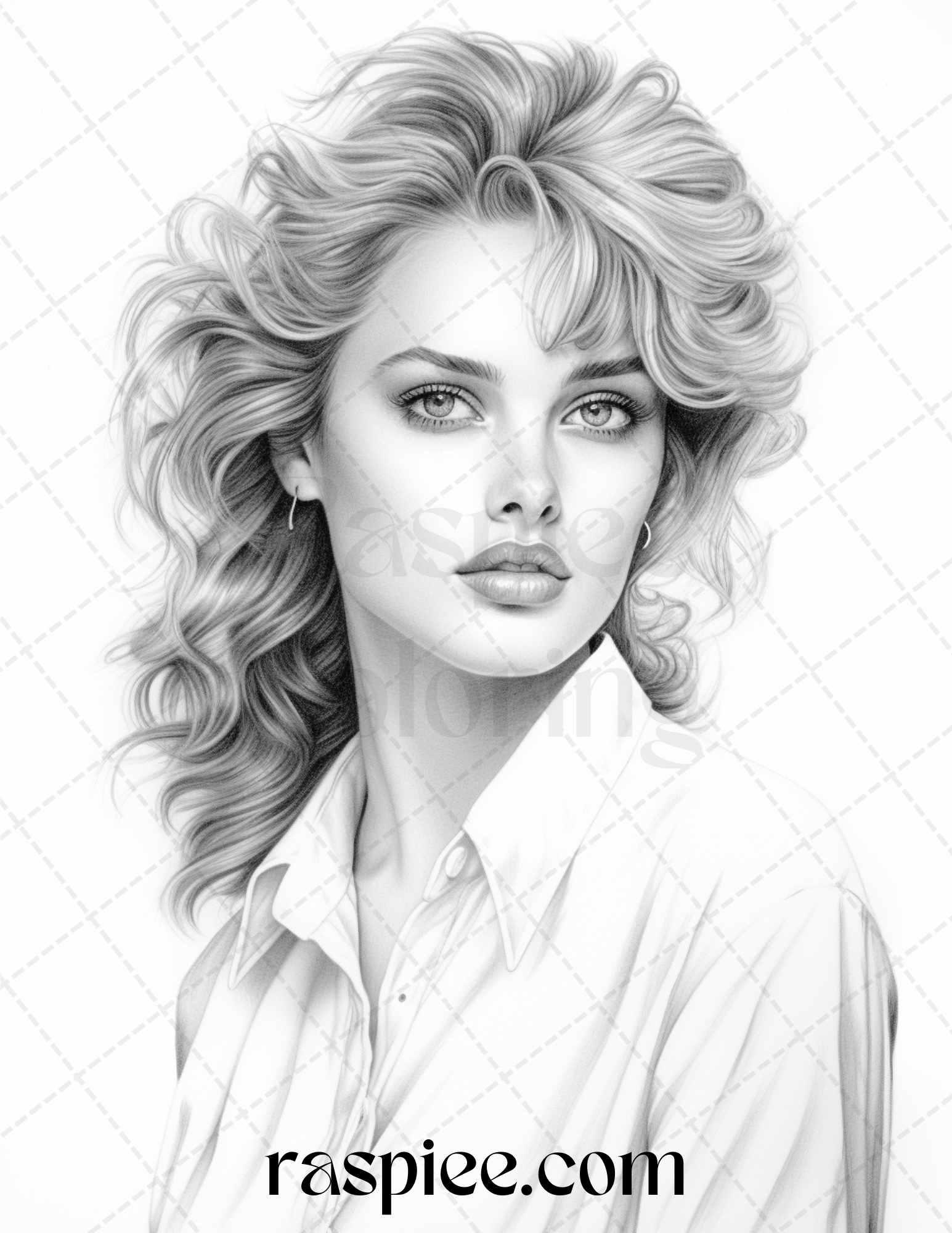 1980s Retro Beautiful Women Grayscale Coloring Pages for Adults, PDF File Instant Download