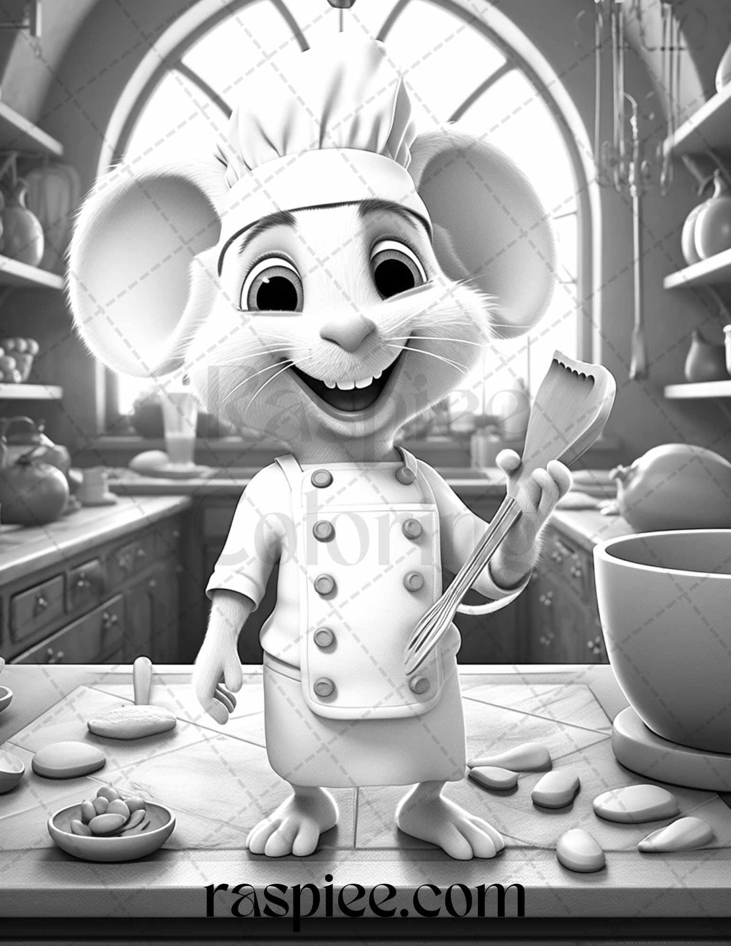 45 Mouse Chef Grayscale Coloring Pages Printable for Adults, PDF File Instant Download