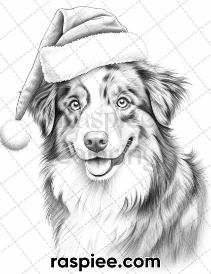 45 Christmas Dogs Grayscale Coloring Pages for Adults, Printable PDF Instant Download