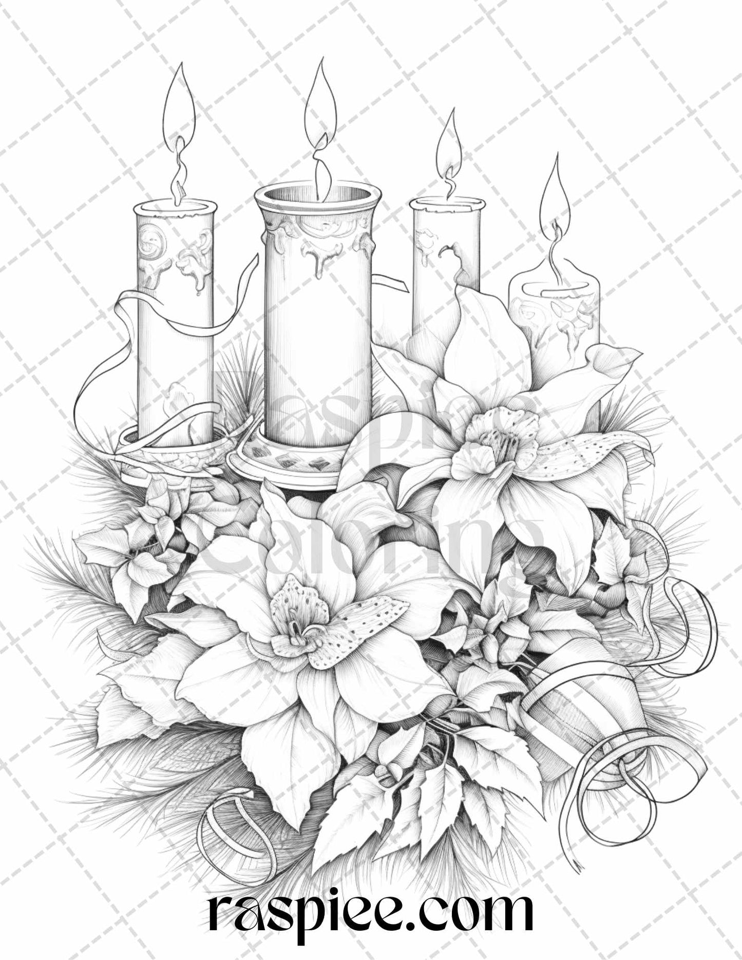 45 Christmas Flowers Grayscale Coloring Pages Printable for Adults, PDF File Instant Download