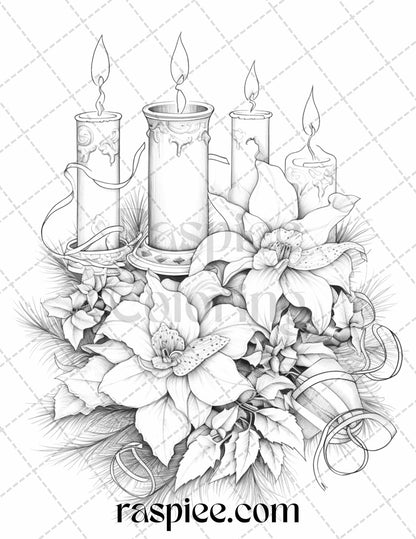 45 Christmas Flowers Grayscale Coloring Pages Printable for Adults, PDF File Instant Download