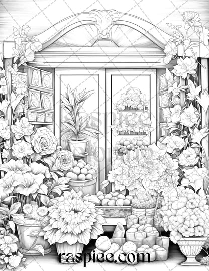 45 Flower Store Front Grayscale Coloring Pages Printable for Adults, PDF File Instant Download