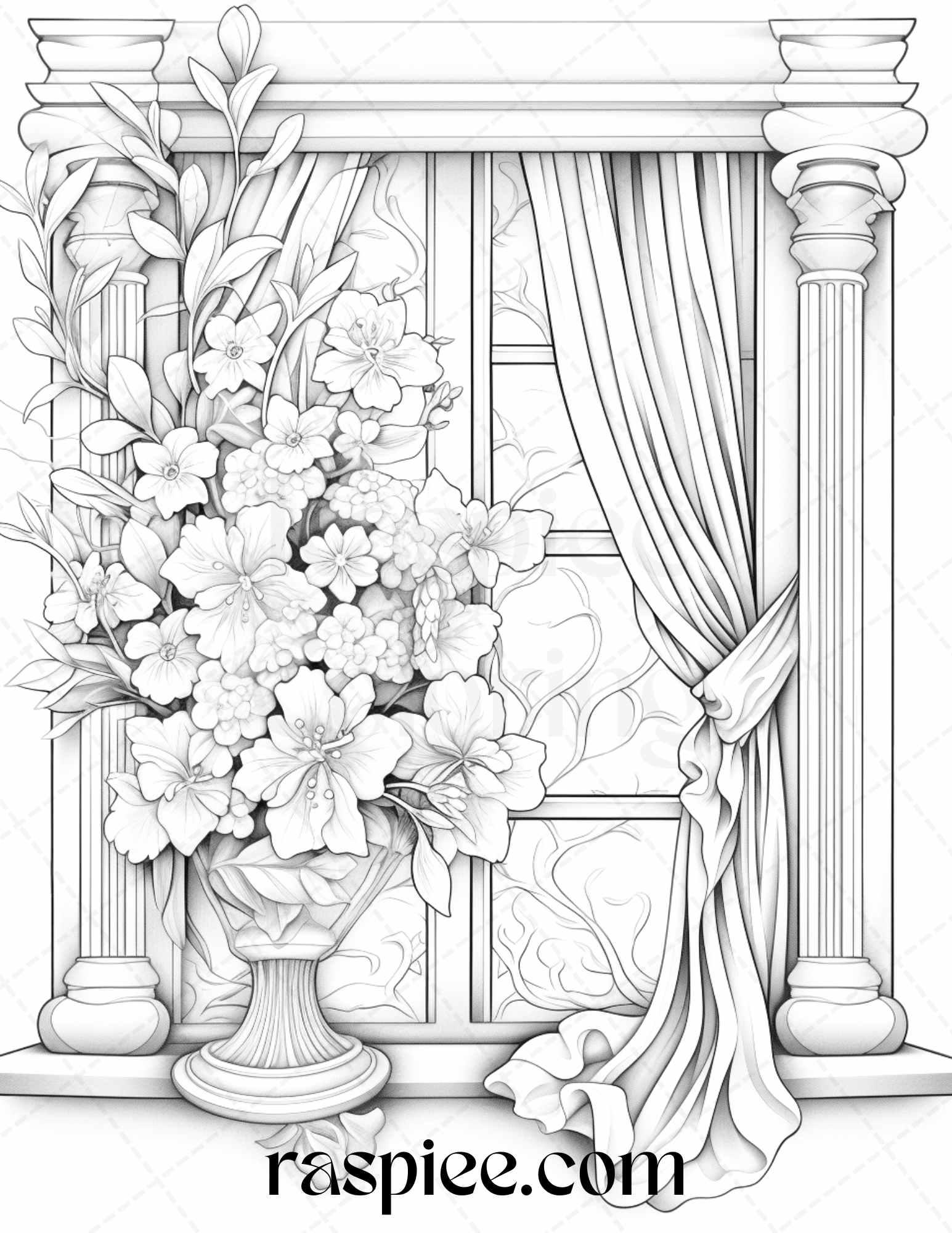 50 Blooming Windows Grayscale Coloring Pages Printable for Adults, PDF File Instant Download