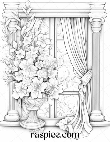 50 Blooming Windows Grayscale Coloring Pages Printable for Adults, PDF File Instant Download