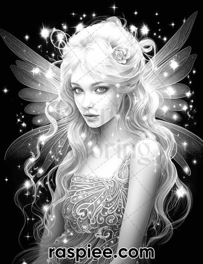 50 Starlight Fairy Grayscale Coloring Pages for Adults, Printable PDF File Instant Download