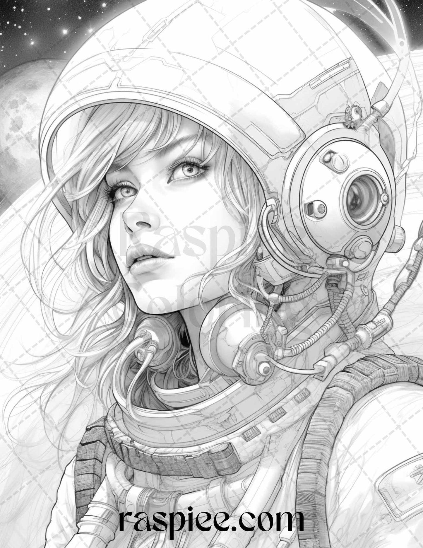 50 Astronaut Girl Portrait Grayscale Coloring Pages Printable for Adults, PDF File Instant Download