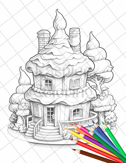 50 Adorable Cake Houses Grayscale Coloring Pages Printable for Adults and Kids, PDF File Instant Download