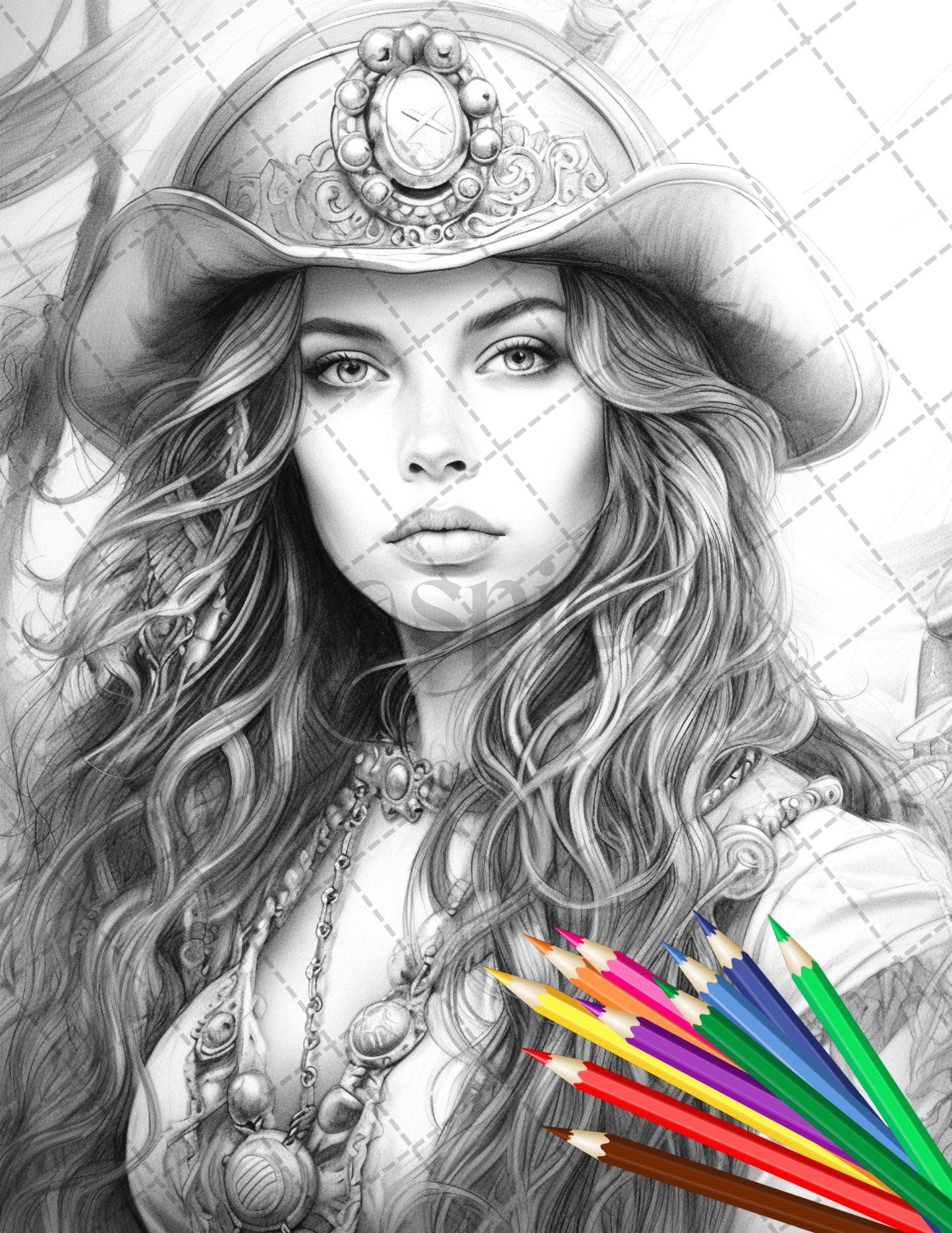 48 Beautiful Pirate Princess Coloring Book Printable for Adults, Grayscale Coloring Page, PDF File Instant Download