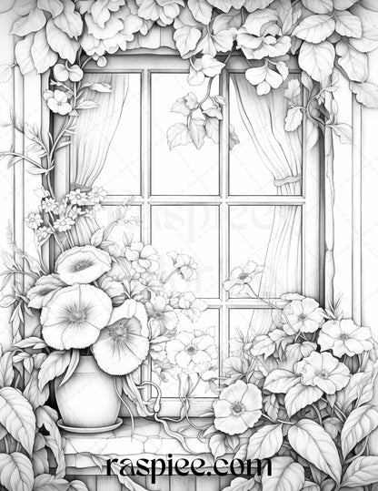 50 Blooming Windows Grayscale Coloring Pages Printable for Adults, PDF File Instant Download