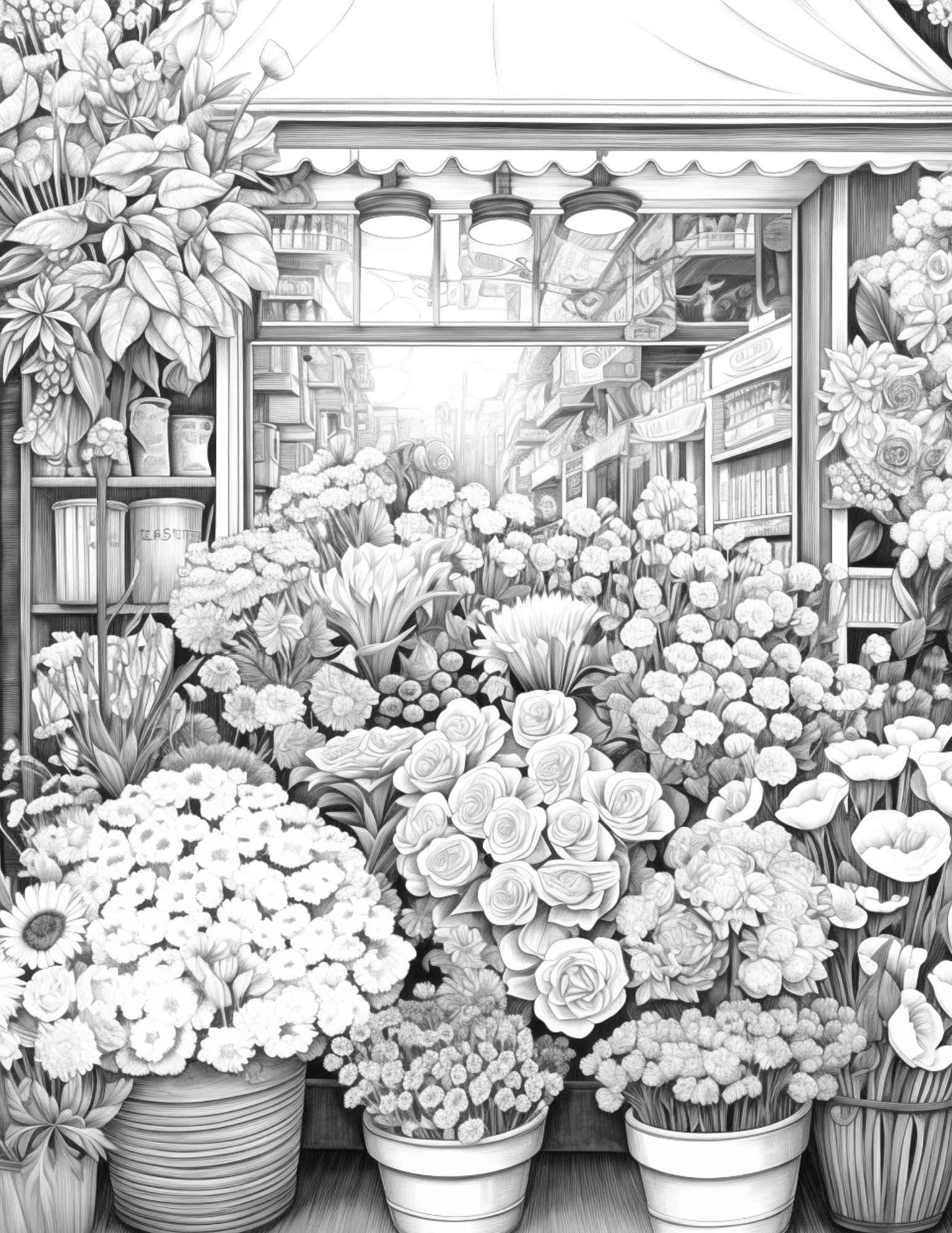 45 Flower Store Front Grayscale Coloring Pages Printable for Adults, PDF File Instant Download