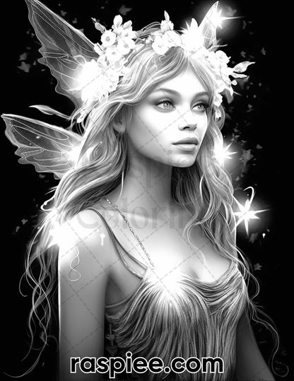 50 Starlight Fairy Grayscale Coloring Pages for Adults, Printable PDF File Instant Download