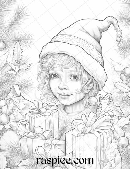 110 Christmas Elves Grayscale Coloring Pages Printable for Adults Kids, PDF File Instant Download