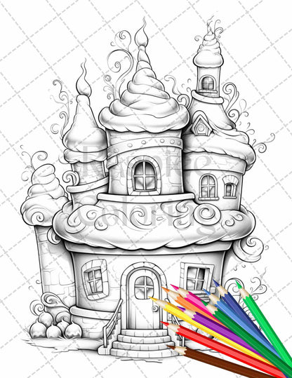 50 Adorable Cake Houses Grayscale Coloring Pages Printable for Adults and Kids, PDF File Instant Download