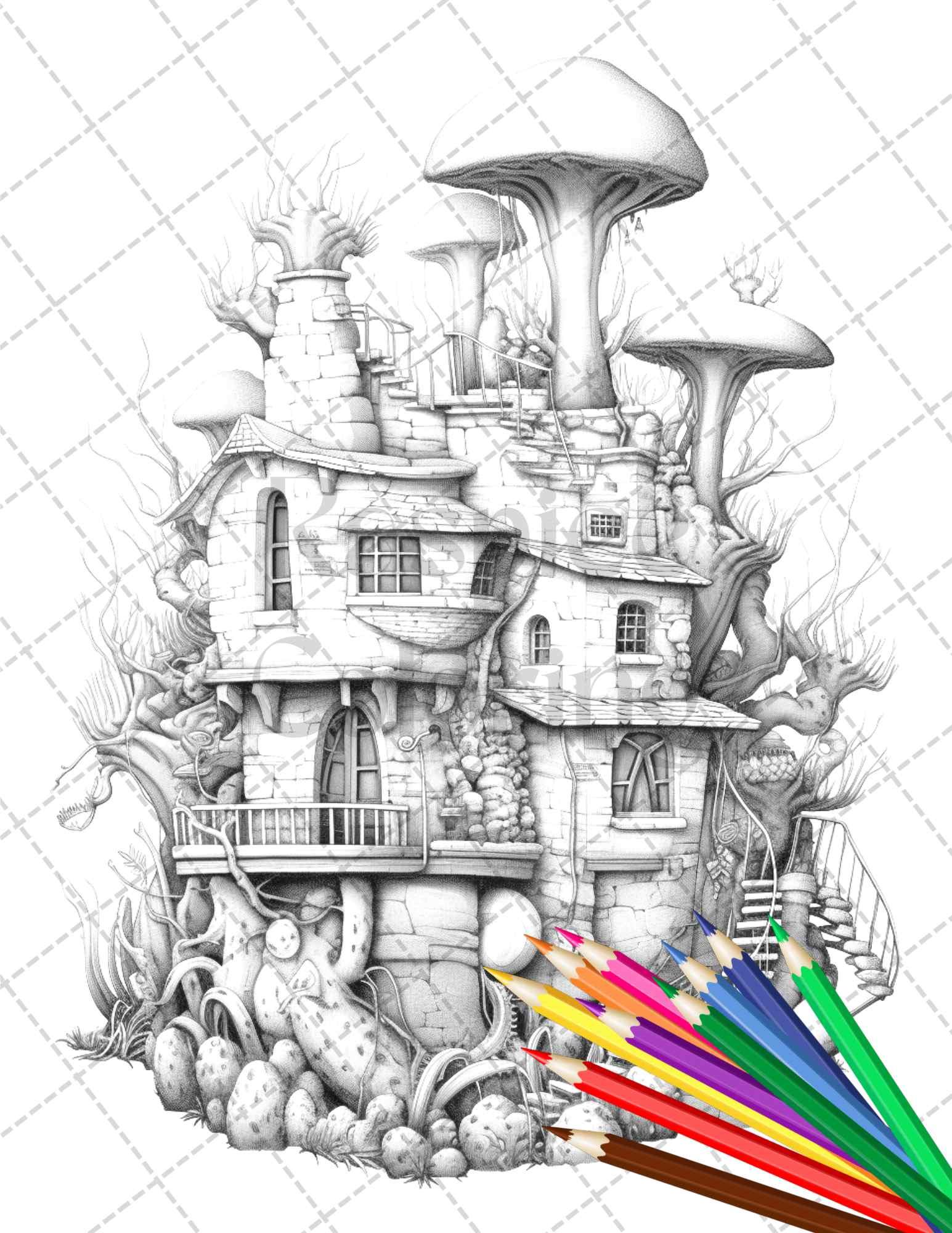 46 Fantasy Cactus Houses Grayscale Coloring Pages Printable for Adults, PDF File Instant Download