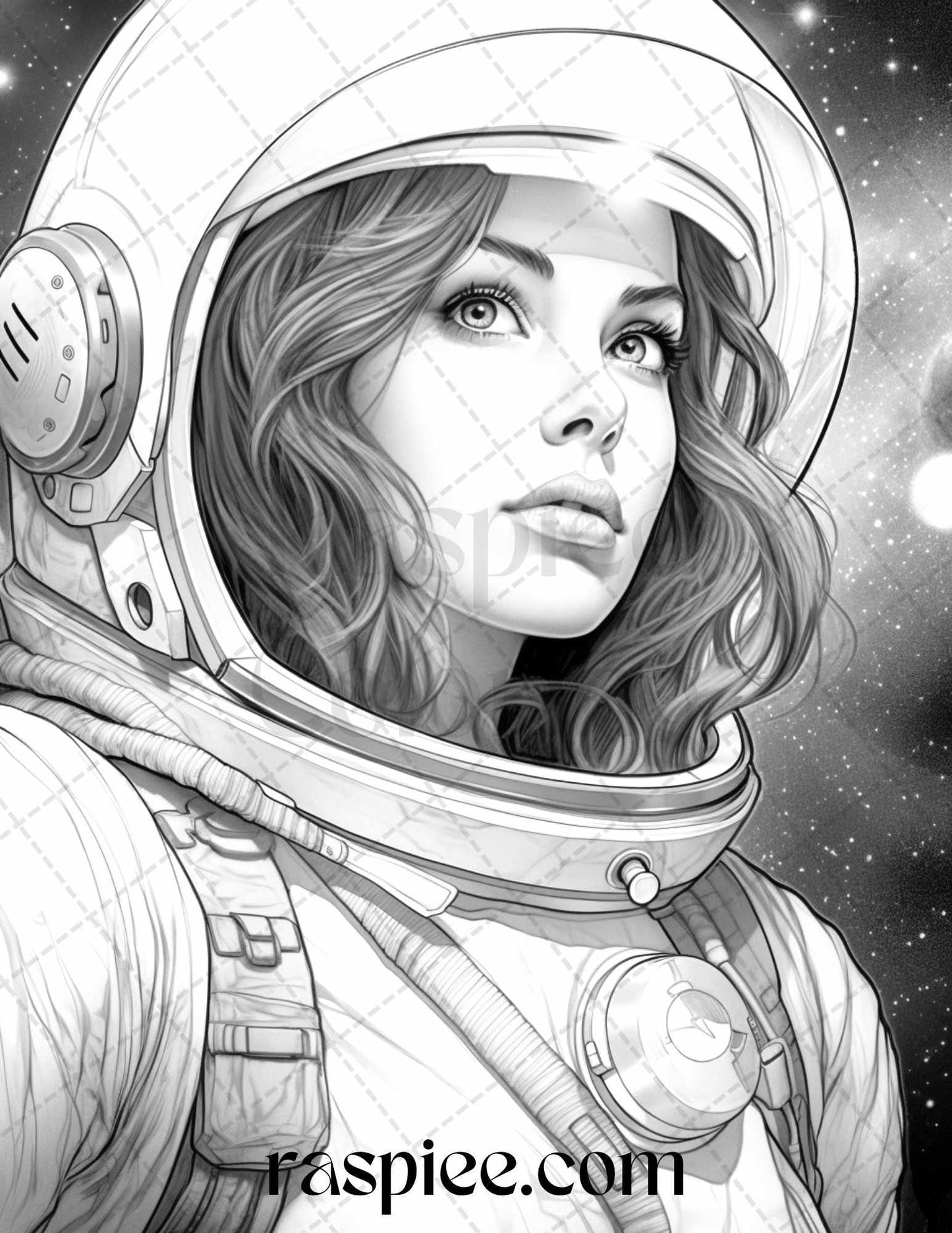 50 Astronaut Girl Portrait Grayscale Coloring Pages Printable for Adults, PDF File Instant Download