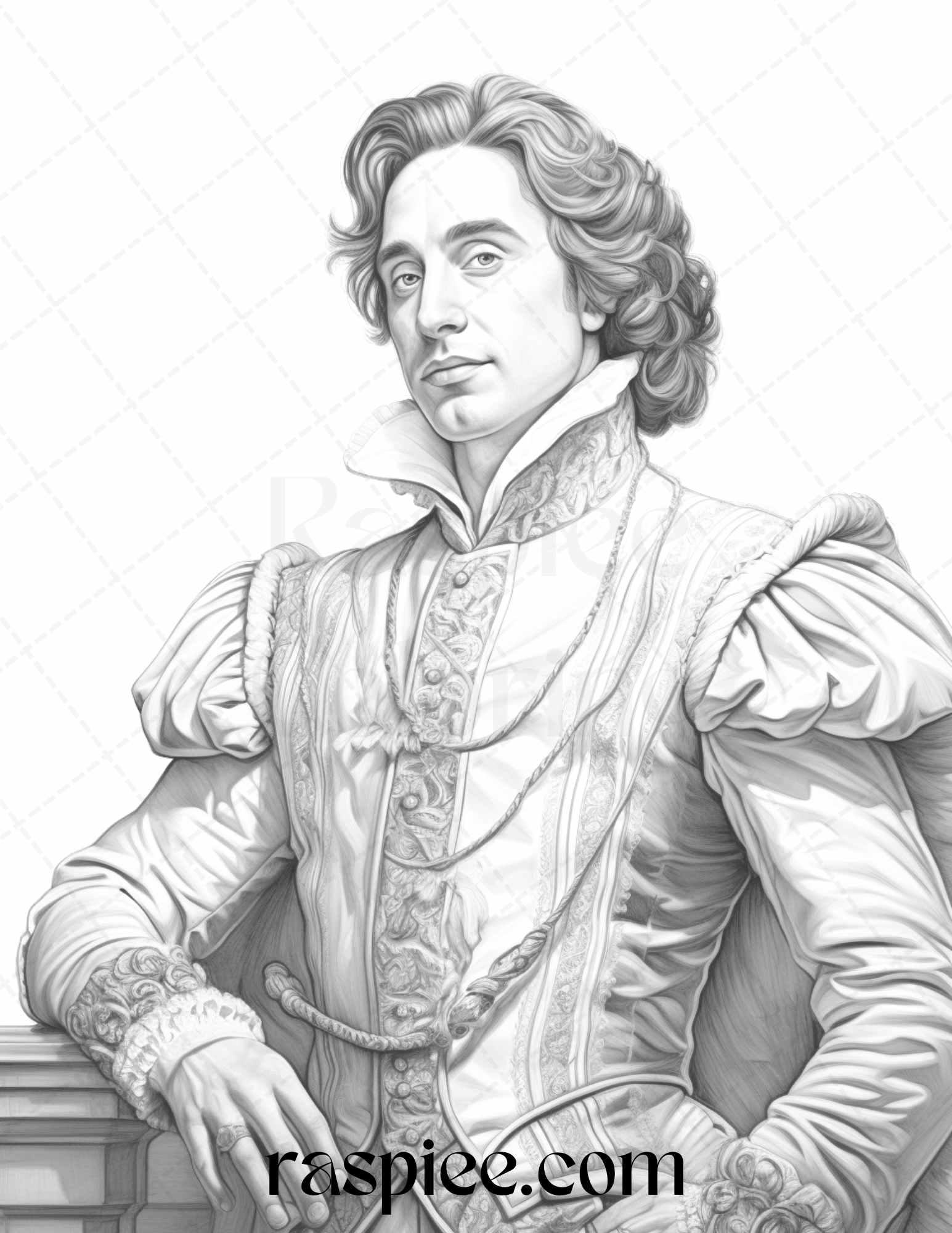 50 Baroque Man Portrait Grayscale Graysale Coloring Pages Printable for Adults, PDF File Instant Download